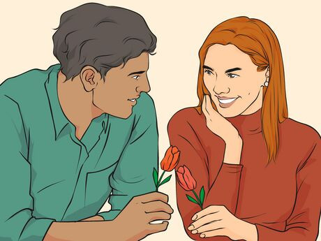 An illustrated couple smiles at eachother, holding a red flower.